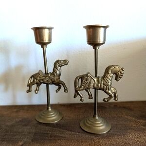 Brass Carousel Pair of Candle holders Vintage Merry Go Round Horses Rare! Decor